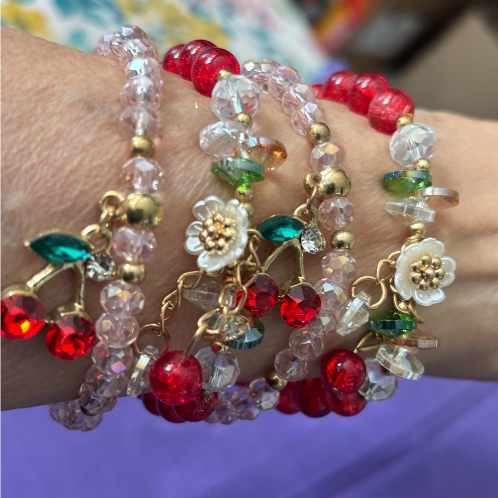 Mothers Day  Red & Pink Glass Beads 4pc Set w/Cherries & Hibiscus Flower Charms